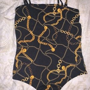 Black ASOS bodysuit with gold print